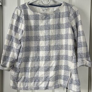 J Jill Sweater Womens SP Petites White Blue Check Side Zipper 3/4 Sleeve Cuffed